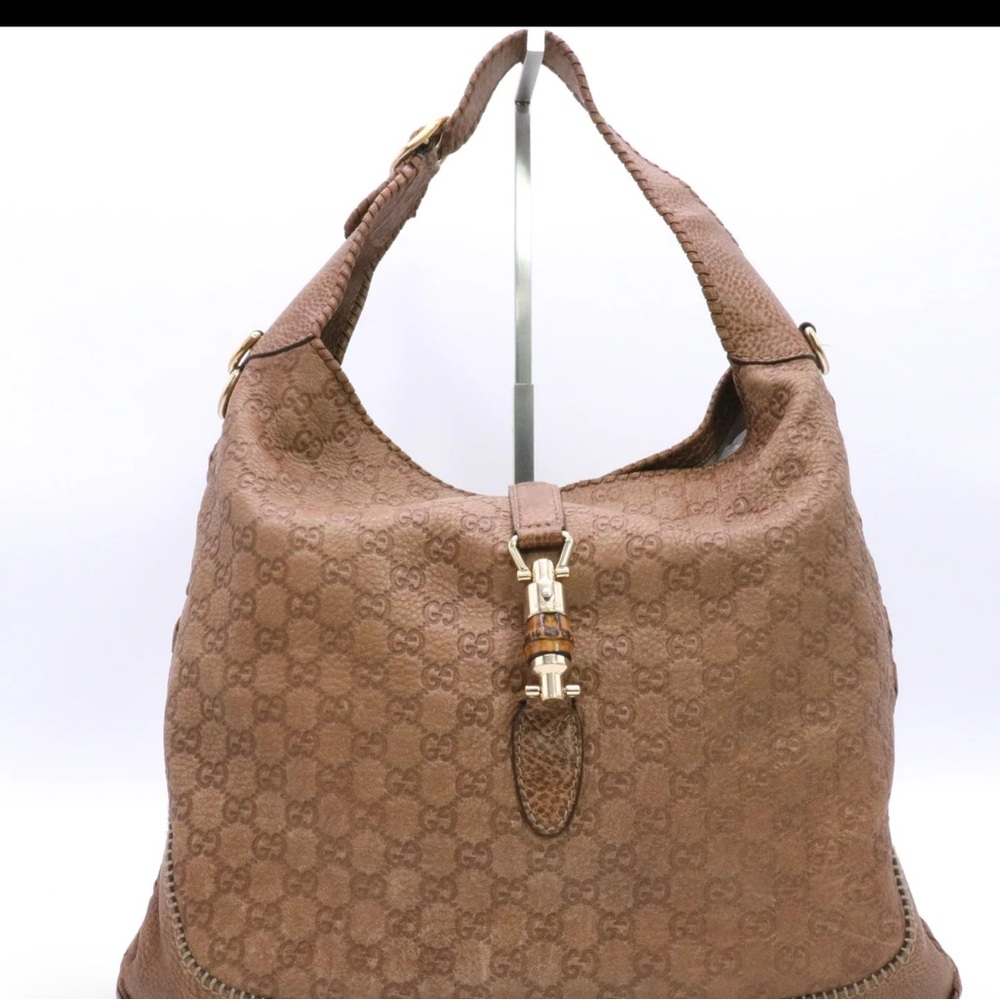 Gucci GG Monogram Jackie Leather Hobo Bag – Brown bamboo piston Detail